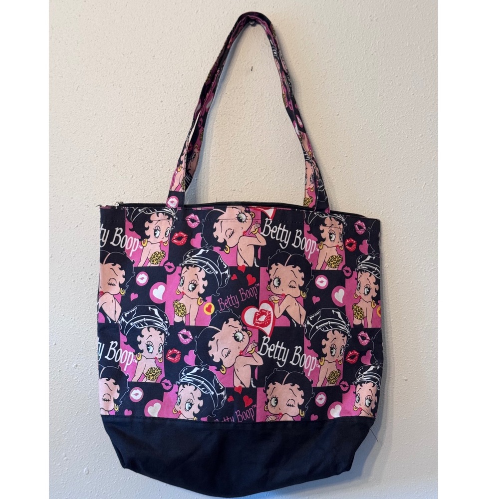 Betty Boop Tote Bag Pink Black All Over Print Zipper Closure Vintage Style Y2K